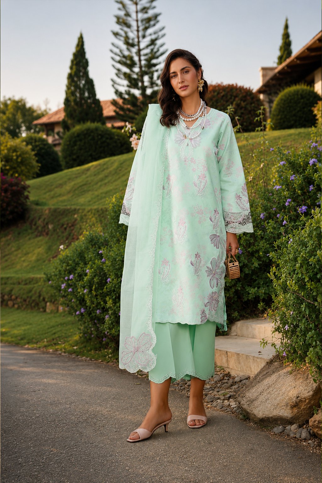 Moon Bazar Mint Whisper Embroidered 3-Piece Lawn Suit Ran g Rasyaa