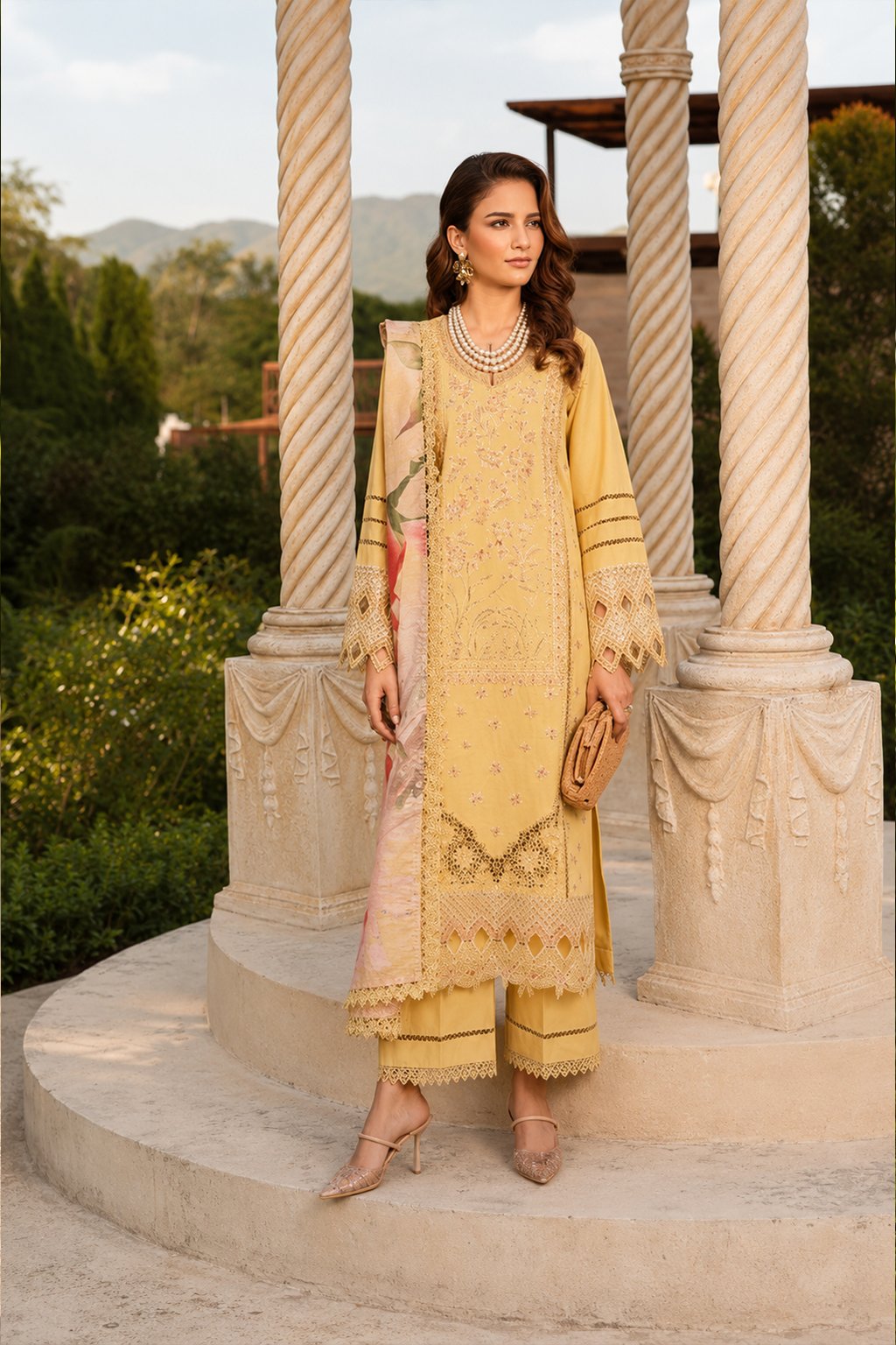 Moon Bazar Sunlit Bloom Embroidered 3-Piece Lawn Suit Ran g Rasyaa