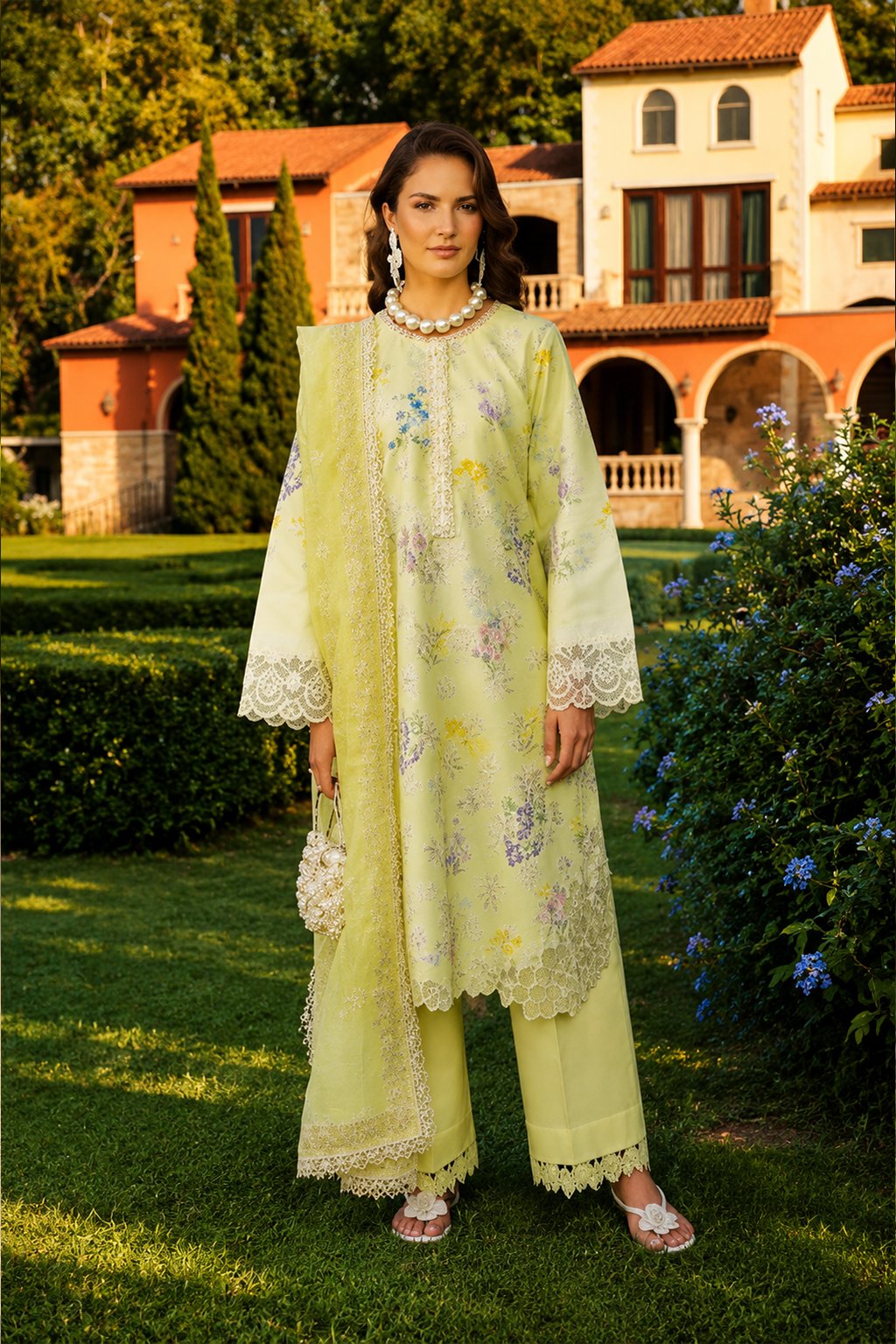 Moon Bazar Lime Garden Embroidered Lawn 3-Piece Suit Ran g Rasyaa