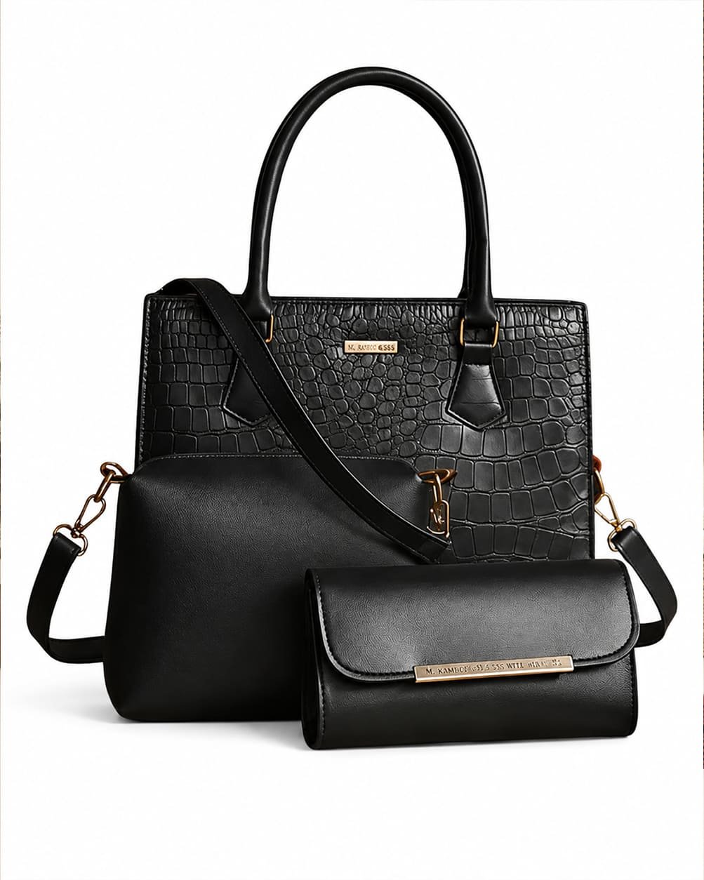 Elite Croc 3-Piece Handbag Set – Black