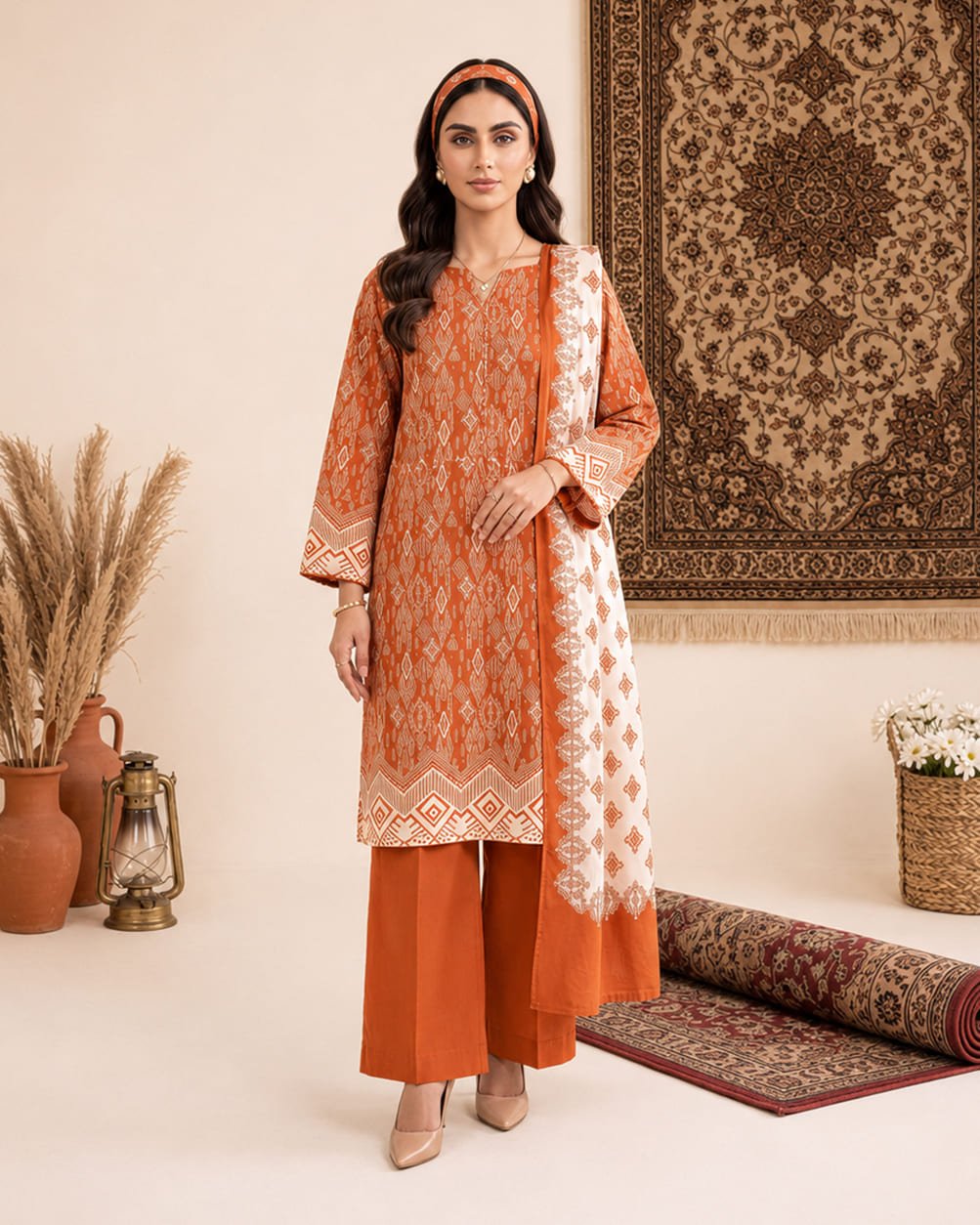 Moon Bazar Orange Printed 3-Piece Suit